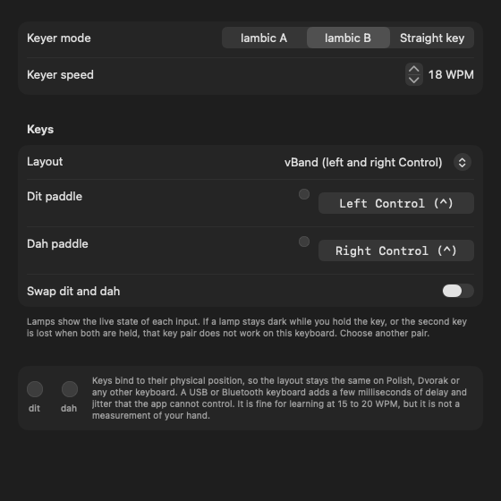 Key settings: keyer mode, layout presets, live lamps for each paddle.